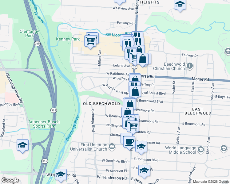 map of restaurants, bars, coffee shops, grocery stores, and more near 77 West Royal Forest Boulevard in Columbus