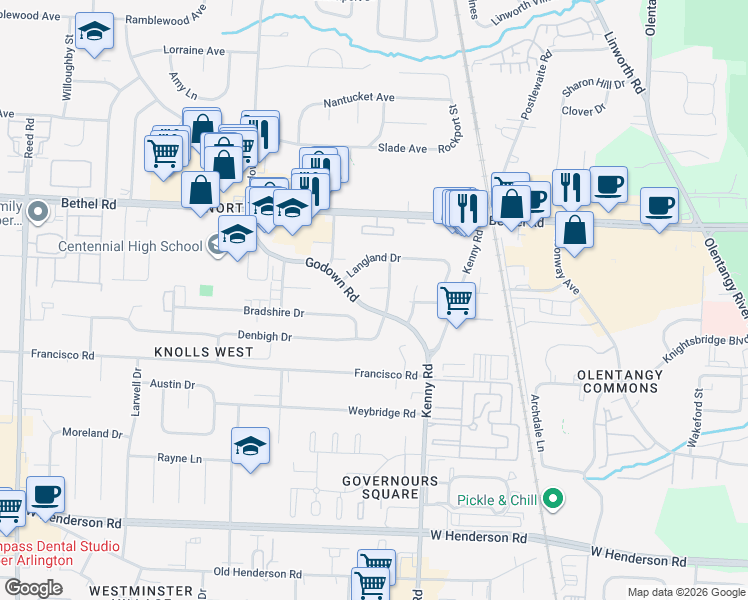 map of restaurants, bars, coffee shops, grocery stores, and more near 1227 Cheviot Court in Columbus