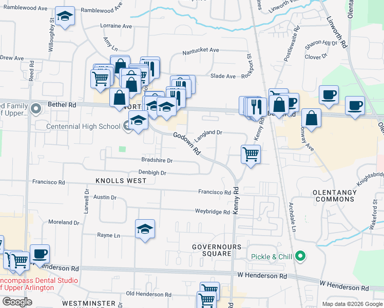 map of restaurants, bars, coffee shops, grocery stores, and more near 1282 Bradshire Drive in Columbus