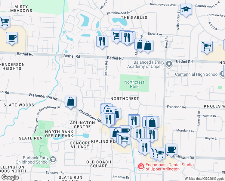 map of restaurants, bars, coffee shops, grocery stores, and more near 2064 Park Run Drive in Columbus