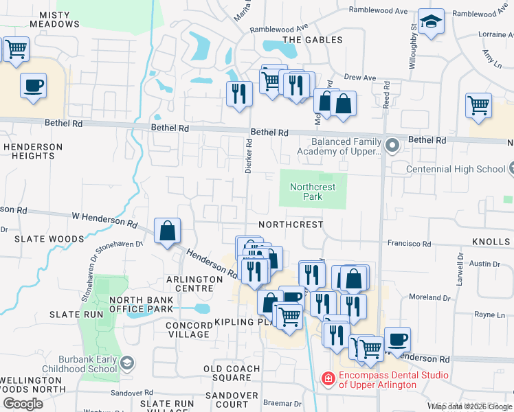 map of restaurants, bars, coffee shops, grocery stores, and more near 2066 Park Run Drive in Columbus