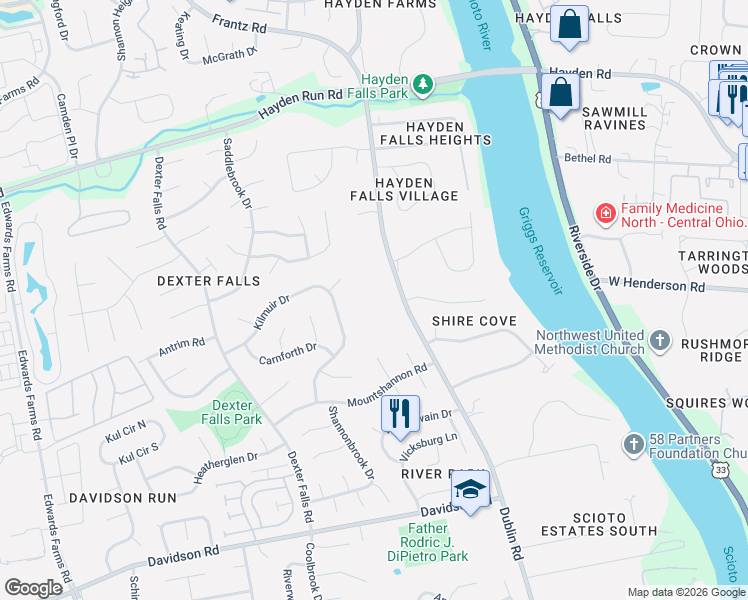 map of restaurants, bars, coffee shops, grocery stores, and more near 4723 Dublin Road in Columbus