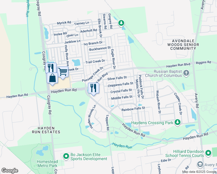 map of restaurants, bars, coffee shops, grocery stores, and more near 5739 Chippewa Falls Street in Dublin