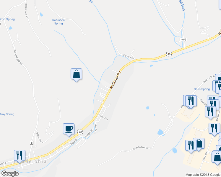 map of restaurants, bars, coffee shops, grocery stores, and more near 5353 National Road in Triadelphia