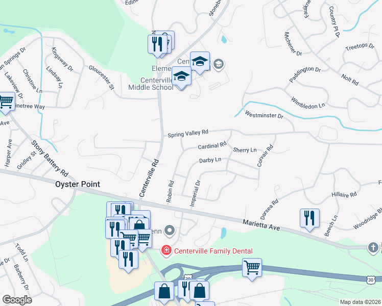 map of restaurants, bars, coffee shops, grocery stores, and more near 817 Darby Lane in Lancaster