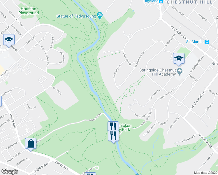 map of restaurants, bars, coffee shops, grocery stores, and more near 723 Glengarry Road in Philadelphia