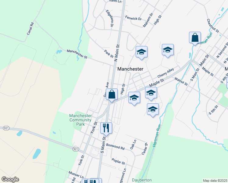 map of restaurants, bars, coffee shops, grocery stores, and more near 39 North Main Street in Manchester