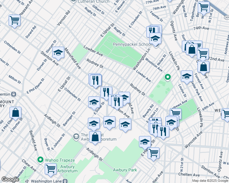 map of restaurants, bars, coffee shops, grocery stores, and more near 1425 East Washington Lane in Philadelphia
