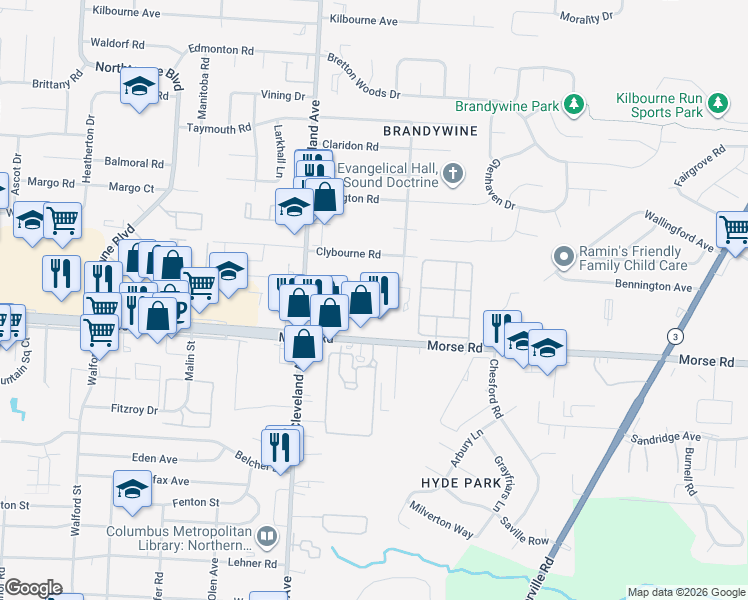 map of restaurants, bars, coffee shops, grocery stores, and more near 2620 Adda Avenue in Columbus