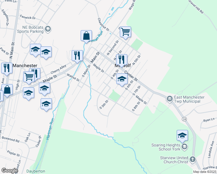 map of restaurants, bars, coffee shops, grocery stores, and more near 151 South 4th Street in Manchester