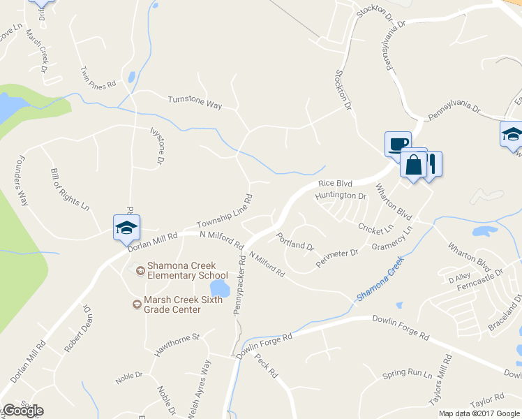 map of restaurants, bars, coffee shops, grocery stores, and more near 619 Chinook Drive in Downingtown