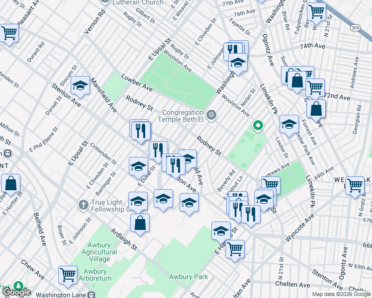 map of restaurants, bars, coffee shops, grocery stores, and more near 1505 Mayland Street in Philadelphia