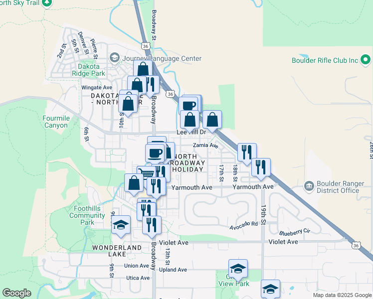 map of restaurants, bars, coffee shops, grocery stores, and more near 1420 Zamia Avenue in Boulder