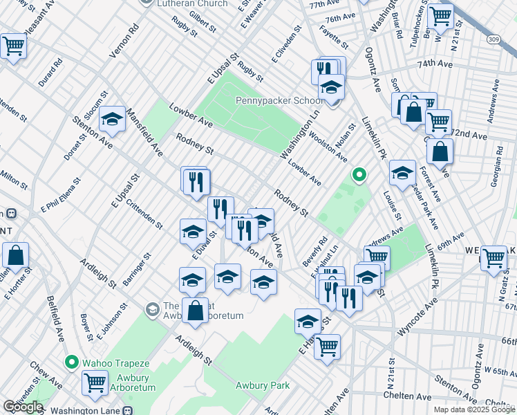 map of restaurants, bars, coffee shops, grocery stores, and more near 1501 East Mayland Street in Philadelphia