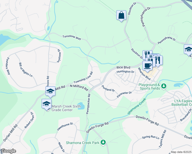 map of restaurants, bars, coffee shops, grocery stores, and more near 619 Chinook Drive in Downingtown
