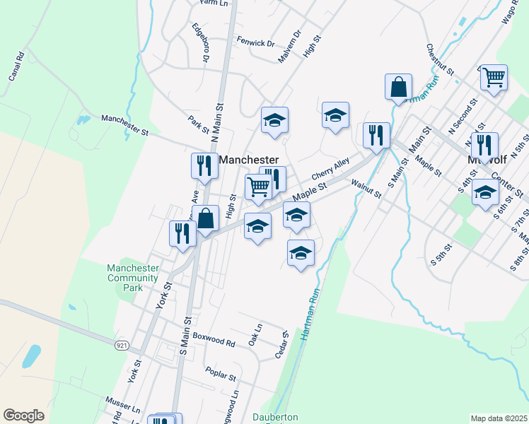 map of restaurants, bars, coffee shops, grocery stores, and more near 147 Maple Street in Manchester
