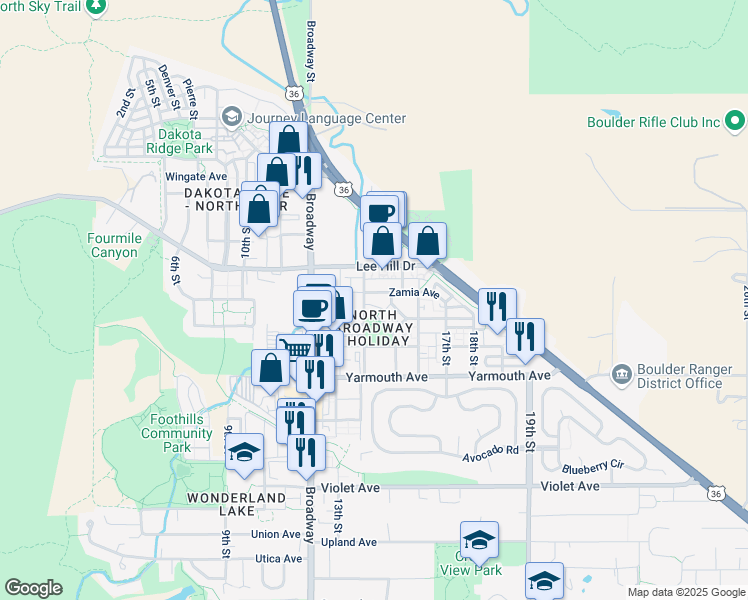 map of restaurants, bars, coffee shops, grocery stores, and more near 1414 Zamia Avenue in Boulder