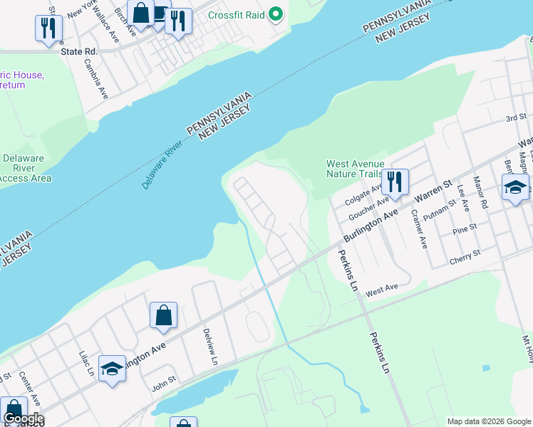map of restaurants, bars, coffee shops, grocery stores, and more near 23 River Lane in Delanco