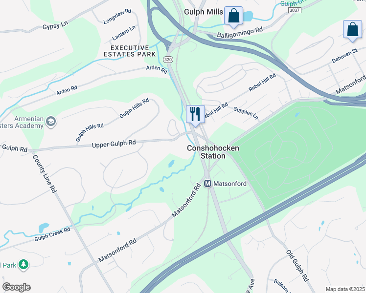 map of restaurants, bars, coffee shops, grocery stores, and more near 119 Upper Gulph Road in Wayne