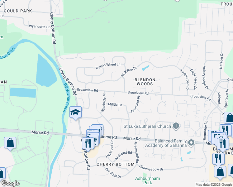 map of restaurants, bars, coffee shops, grocery stores, and more near 5299 Broadview Road in Columbus
