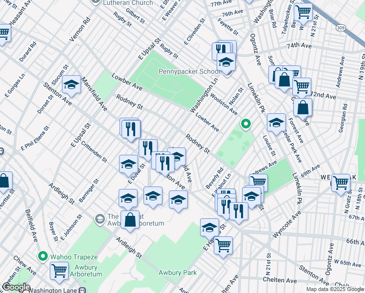 map of restaurants, bars, coffee shops, grocery stores, and more near 1520 East Mayland Street in Philadelphia