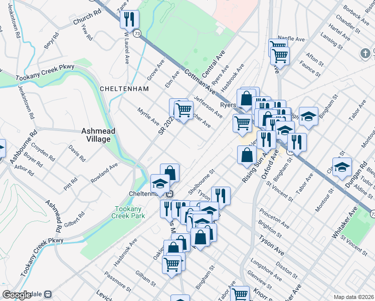 map of restaurants, bars, coffee shops, grocery stores, and more near 122 Myrtle Avenue in Montgomery County