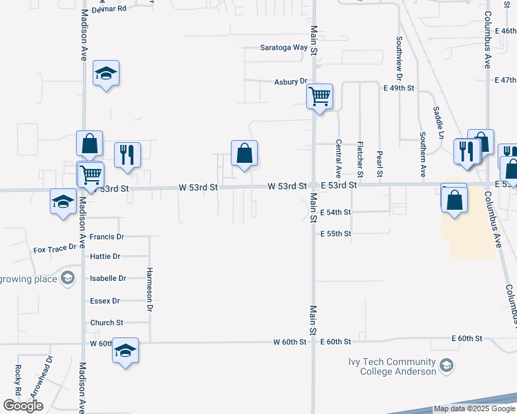 map of restaurants, bars, coffee shops, grocery stores, and more near 5416 Lewis Drive in Anderson