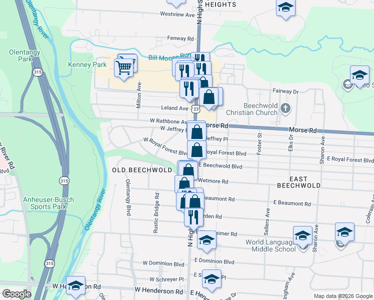 map of restaurants, bars, coffee shops, grocery stores, and more near 40 West Royal Forest Boulevard in Columbus