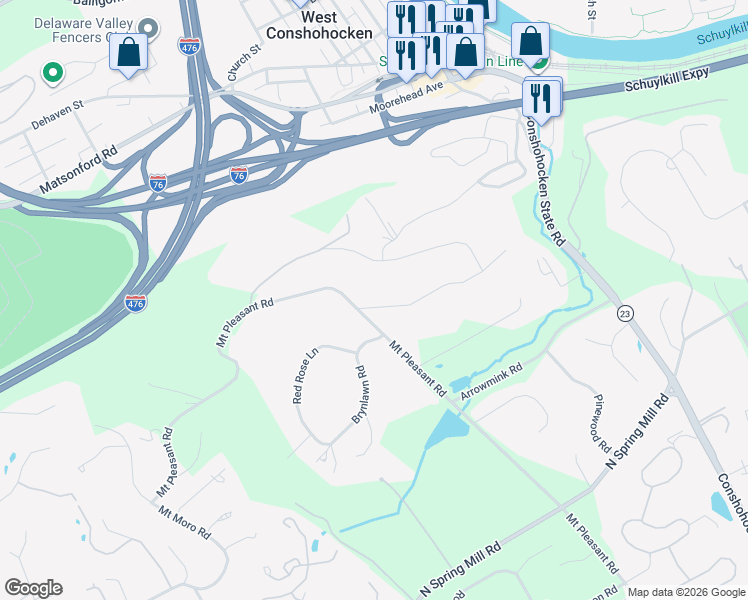 map of restaurants, bars, coffee shops, grocery stores, and more near 1206 Prospect Hill Road in Villanova