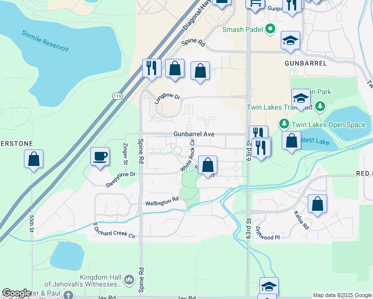 map of restaurants, bars, coffee shops, grocery stores, and more near 4700 White Rock Circle in Boulder