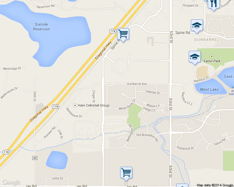 map of restaurants, bars, coffee shops, grocery stores, and more near 4795 White Rock Circle in Boulder