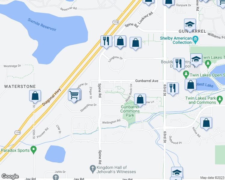 map of restaurants, bars, coffee shops, grocery stores, and more near 4795 White Rock Circle in Boulder