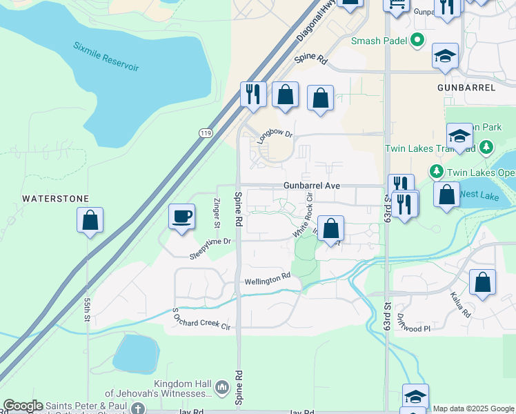 map of restaurants, bars, coffee shops, grocery stores, and more near 4795 White Rock Circle in Boulder