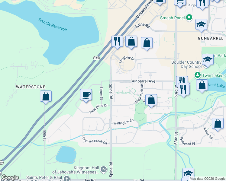 map of restaurants, bars, coffee shops, grocery stores, and more near 5924 Gunbarrel Avenue in Boulder