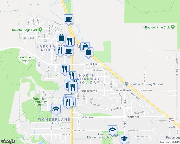 map of restaurants, bars, coffee shops, grocery stores, and more near 1474 Easy Rider Lane in Boulder