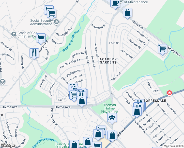 map of restaurants, bars, coffee shops, grocery stores, and more near 9239 Annapolis Road in Philadelphia