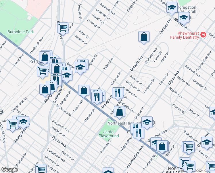 map of restaurants, bars, coffee shops, grocery stores, and more near 7415 Montour Street in Philadelphia