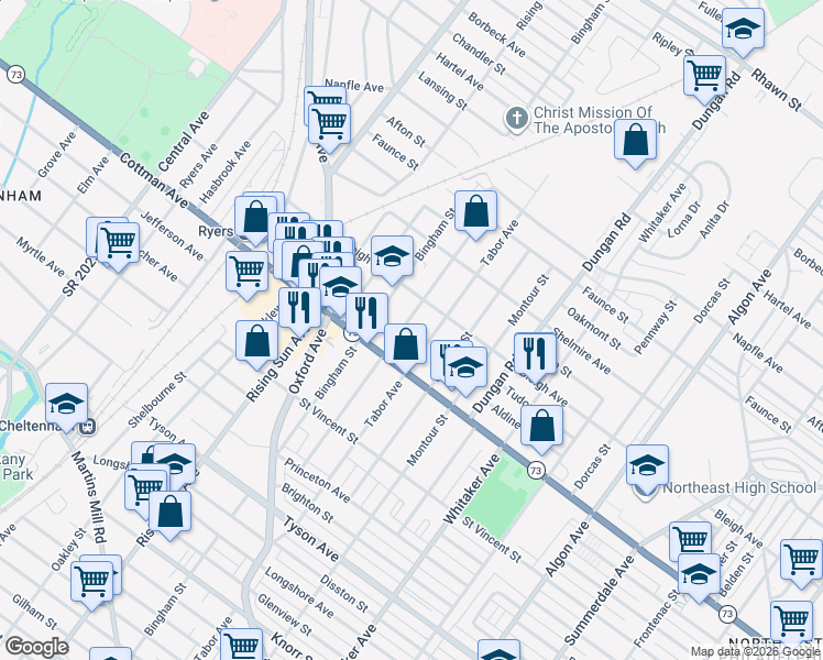 map of restaurants, bars, coffee shops, grocery stores, and more near 7312 Lawndale Avenue in Philadelphia
