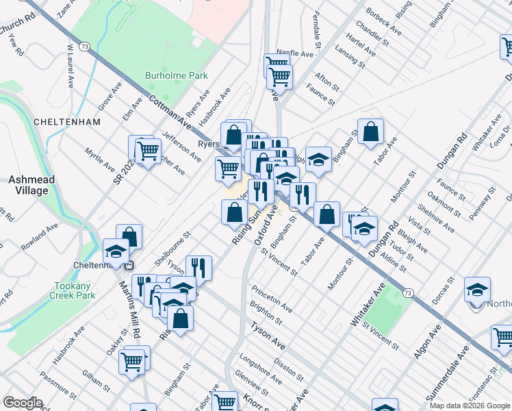 map of restaurants, bars, coffee shops, grocery stores, and more near 7224-32 Rising Sun Avenue in Philadelphia