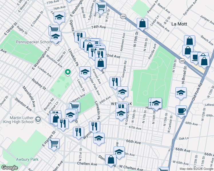 map of restaurants, bars, coffee shops, grocery stores, and more near 6949 Forrest Avenue in Philadelphia