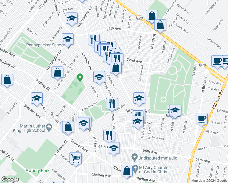 map of restaurants, bars, coffee shops, grocery stores, and more near 7000 Cedar Park Avenue in Philadelphia