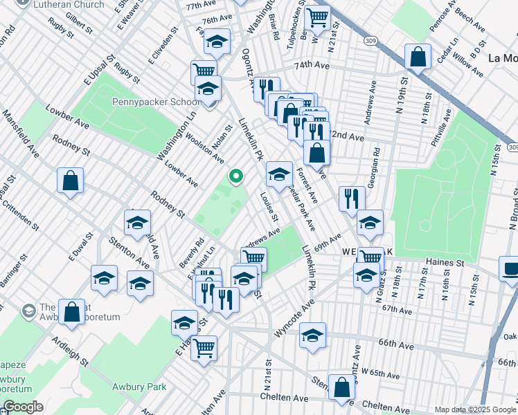 map of restaurants, bars, coffee shops, grocery stores, and more near 7105 Woolston Avenue in Philadelphia