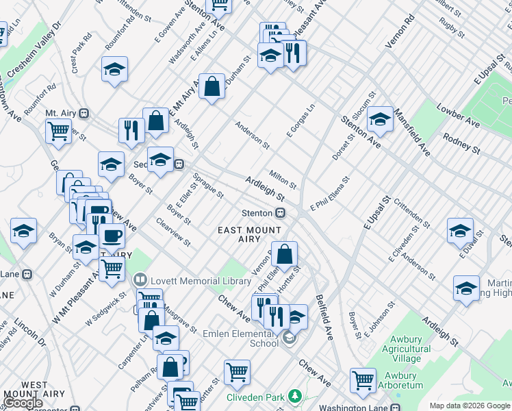 map of restaurants, bars, coffee shops, grocery stores, and more near 6752 Blakemore Street in Philadelphia