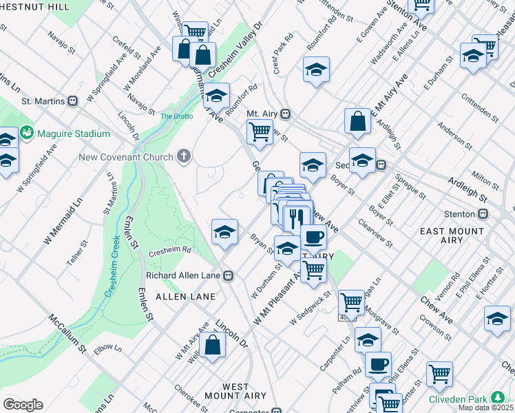 map of restaurants, bars, coffee shops, grocery stores, and more near 41 West Allens Lane in Philadelphia