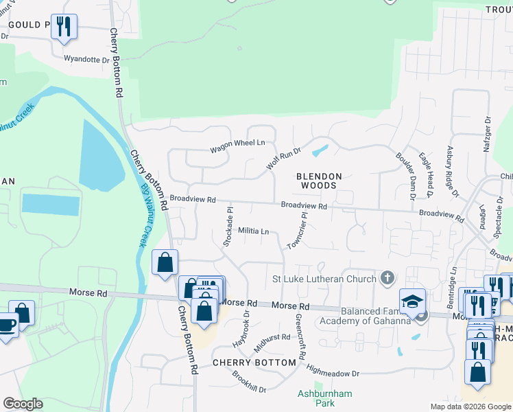 map of restaurants, bars, coffee shops, grocery stores, and more near 5299 Broadview Road in Columbus