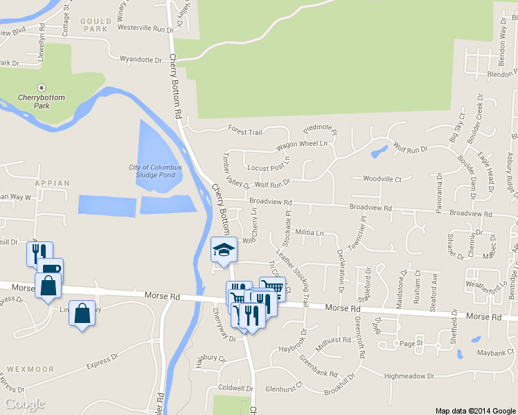 map of restaurants, bars, coffee shops, grocery stores, and more near 4181 Cherry Orchard Lane in Columbus