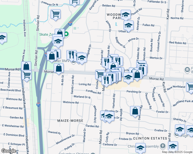 map of restaurants, bars, coffee shops, grocery stores, and more near 1128 Loring Road in Columbus