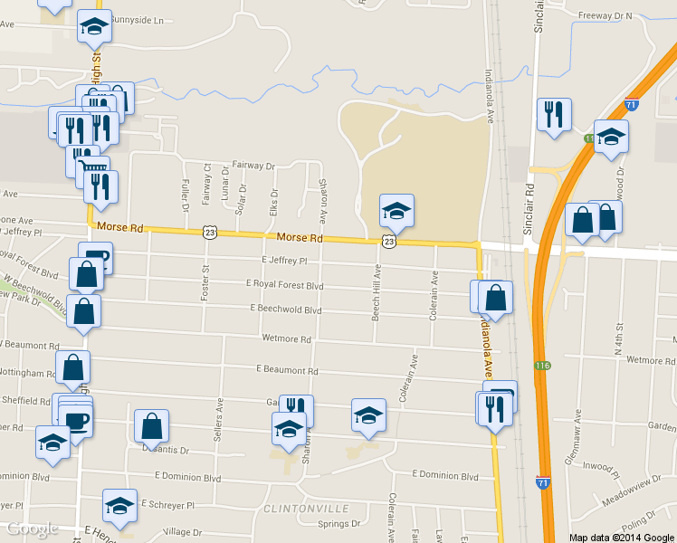 map of restaurants, bars, coffee shops, grocery stores, and more near 464 East Royal Forest Boulevard in Columbus
