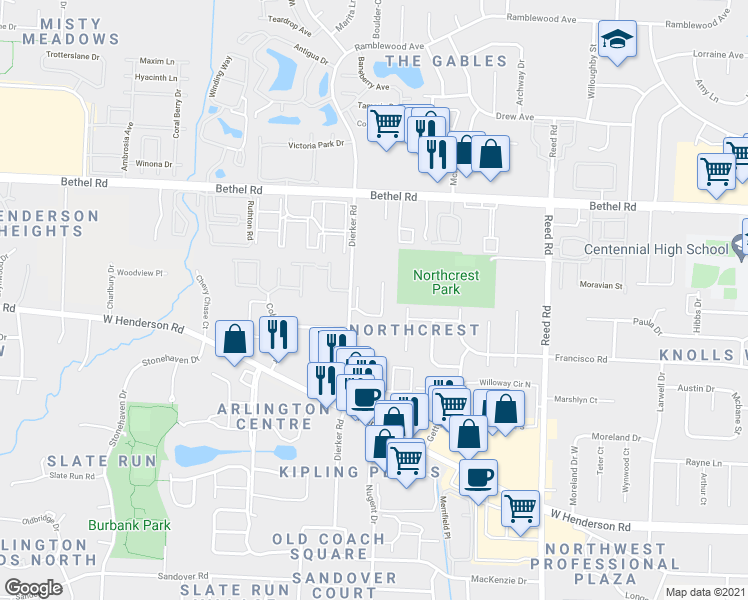 map of restaurants, bars, coffee shops, grocery stores, and more near 2066 Park Run Drive in Columbus