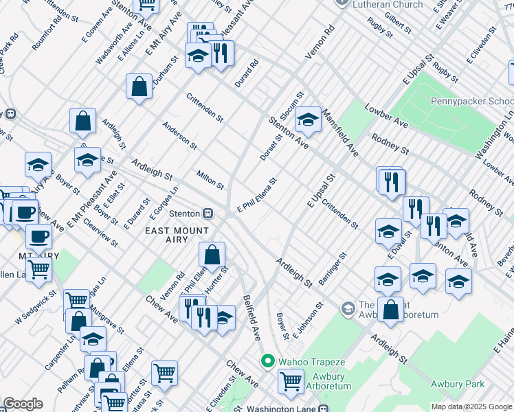 map of restaurants, bars, coffee shops, grocery stores, and more near 616 East Phil Ellena Street in Philadelphia